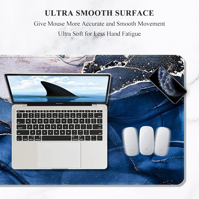 Auhoahsil Large Mouse Pad, XXL Desk Pad, Extened 35" x 15", Non-Slip Rubber Base, Stitched Edges, Superior Surface, Waterproof Keyboard Mat, Large Mousepad for Gamer, Office & Home, Ink Navy Marble - Image 3