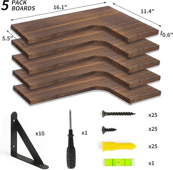 Fixwal Conner Floating Shelves for Wall Decor, Dark Carbonized Black 5pcs - Image 4