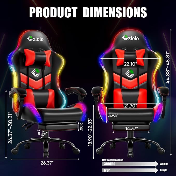 Czlolo Gaming Chair, RGB LED Lights Computer Chair with Footrest, Lumbar Support Massager Gamer Chair, High Back, 90-135° Reclining, Linkage Armrests, Crimson - Image 2