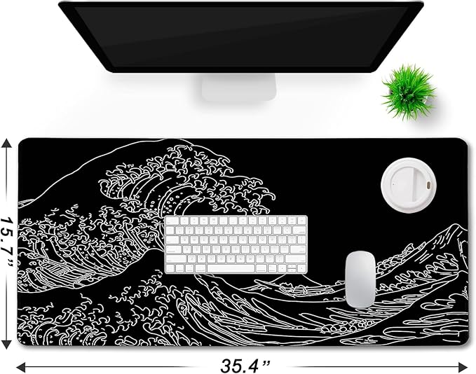 Large Gaming Mouse Pad, Waterproof Extra Large Big Mouse Pad with Stitched Edge, XXXL Non-Slip Black Computer Long Mousepad for Gamer, Office & Home, Wave Lines - Image 6