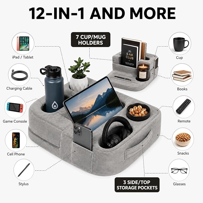 Couch Cup Holder Pillow for Sofa and Bed, 5 Pocket Drink Holder Caddy for Phone, Remote, Tablet and Game Controller, Spill Resistant Cup Holder for Couch, Car, RV and Camping - Image 2