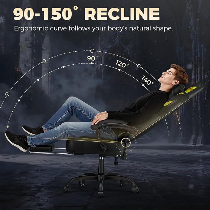 GTPLAYER Big and Tall Gaming Chair for Adults, Ergonomic Office Chair with Footrest, Heavy Duty 350 lbs Capacity, High Back, Premium Leather & Iridescent Trim, ACE-Armor, Yellow (Iridescent) - Image 4