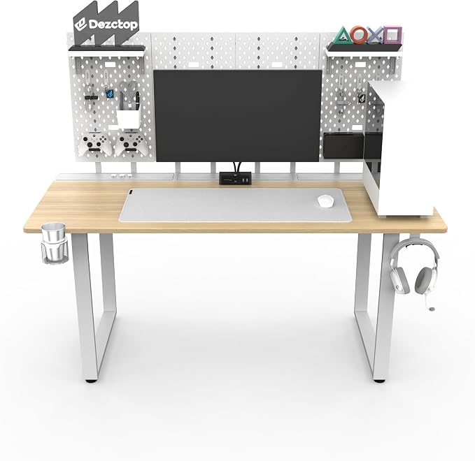 Dezctop Bifrost 160 63W x 28D Gaming PC Computer Desk with Shelves, Large Workstation for Gamers or Home Office with Pegboard, Built-in Cable Management, Stainless Steel Frame (Oak, 63W x 28D) by Dezctop