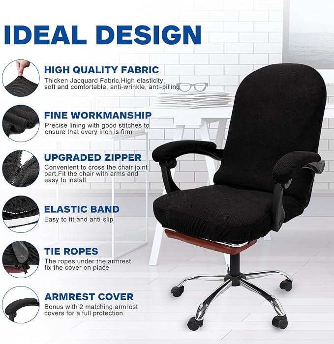 NeColorLife Office Chair Cover with Armrest Covers,Medium,Black | Thick Stretch Jacquard Fabric Helps Protect Office and Desk Chairs From Daily Wear; Includes 2 Armrest Covers. - Image 3