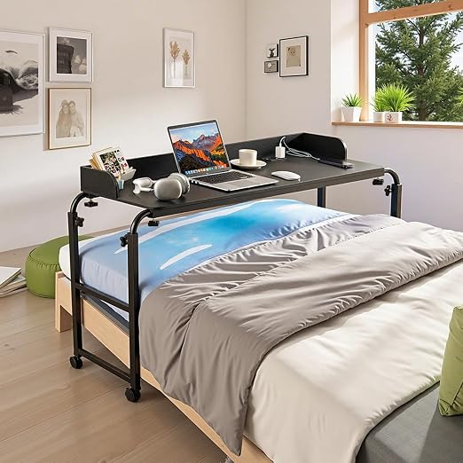 VEVOR Overbed Table, Mobile Bed Side Table with 4 Wheels (2 with Brakes) and Power Socket, Height Adjustable Rolling Laptop Desk, Portable Particleboard Over Bed Desk for Home, Office, Study, Black - Image 2