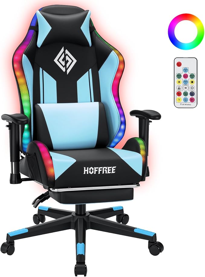 HOFFREE RGB Gaming Chair for Kids LED Computer Chair 155°Recliner-Blue | PC Game Chair with Lights Gamer Chair for Boys Teens 8-15 Video Game Chairs with Footrest and Lumbar Support Racing Style by HOFFREEOfficial