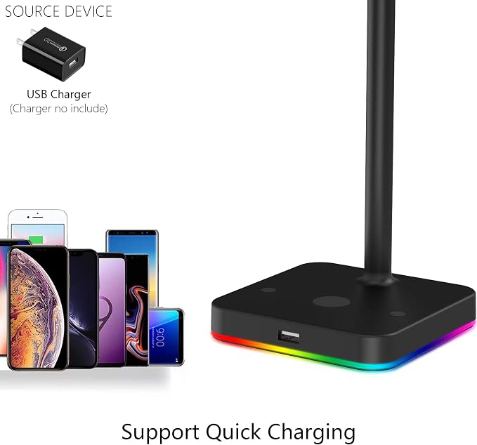 KAFRI RGB Headphone Stand with USB Hub Desk Gaming Headset Holder Hanger Rack with 1 USB2.0 Extension Charging Port Extender Cord - Suitable for Gamer Desktop Table Game Earphone Accessories, Black - Image 4