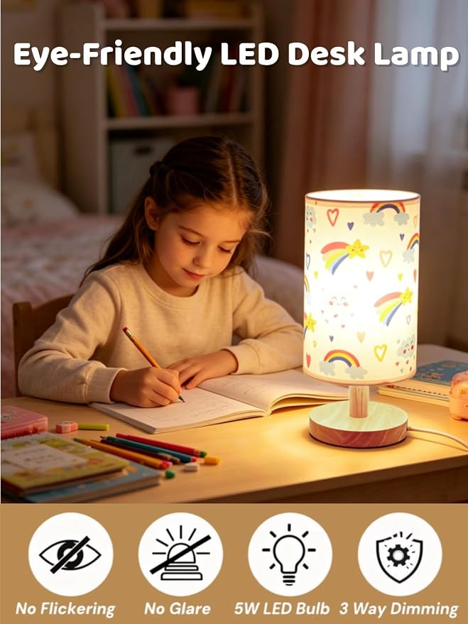 Rainbow Lamp for Girls Bedroom Bedside Table Lamps 3 Color Modes Kids Nightstand Night Light Lamp, Flaxen Fabric Shade Reading Desk Lamp for Nursery Living Room Office Rainbow Decor Gifts for Girls - Image 3