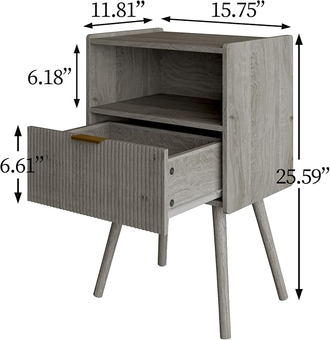 Veegle Nightstand,Modern Bedside Table with Storage Drawer and Open Wood Shelf, Accent Night Stand with Solid Wood Legs for Living Room, Bedroom and Small Spaces,Easy Assembly (Grey Oak) - Image 2