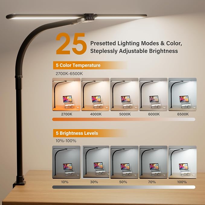 SIBRILLE LED Desk Lamp for Home Office - Dimmable Computer Desk Light with Clamp, Modern Architect Task Lamp with Color Changing, Flexible Desktop Lamp with Gooseneck for Monitor, Double Head, Black - Image 3