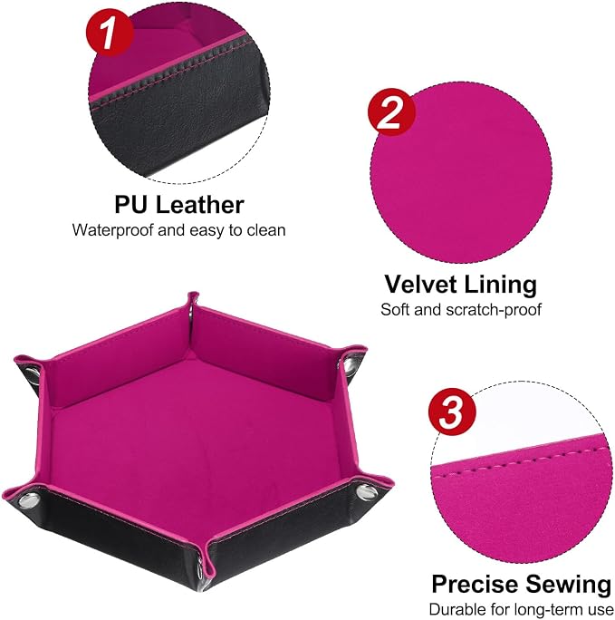 HARFINGTON PU Leather Dice Tray Unisex Valet Tray Folding Hexagon Tray Portable Entryway Table Nightstand Bedside Desk Holder for Key Wallet Watch Coin Jewelry, Rose Red - Image 4