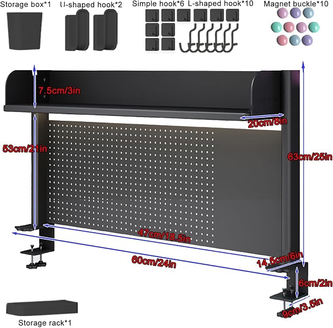Clamp on Desk Shelf, Desk Shelf, Gaming Desk Accessories, Steel Pegboard for Desk, Adjustable Desk Extender Side Table, Modern Desktop Display Shelf(60x20x63cm/24x8x25in) - Image 2