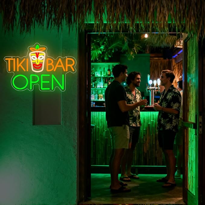 Tiki Bar Neon Sign, Tiki Bar Led Neon Light Signs for Wall Decor Open Hawaii Tropical Luau Aloha Party Outdoor Decorations for Pub Bistro Home Patios Man Cave Dimmable USB Powered Green(16.9"*11.4") - Image 7