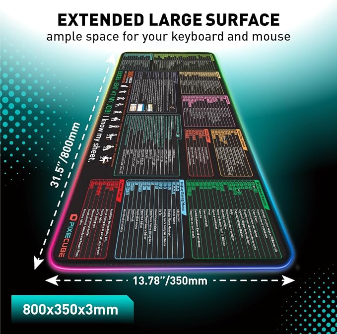Excel Cheat Sheet LED Desk Pad | Excel Shortcut Keys Mouse Pad - Colorful RGB Luminous Extended Large Gaming Mousepad| PC Office Spreadsheet Keyboard Mat| Non-Slip Stitched Edge Desk Mat - Image 2