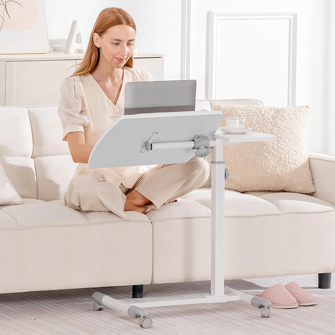 GTPLAYER Small Standing Desk, 28 Inches Tiltable Mobile Rolling Laptop PC Table with Lockable Casters, Adjustable Height Overbed Bedside Table Computer Workstation for Home Office, White-Tiltable - Image 2