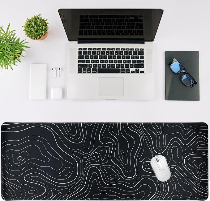 Gaming Mouse Pad Large 31.5 x 11.8in Topographic Keyboard Mousepad for Non-Slip Base and Stitched Edge, Extended Desk Pad XL Desk Mat (Black) - Image 4