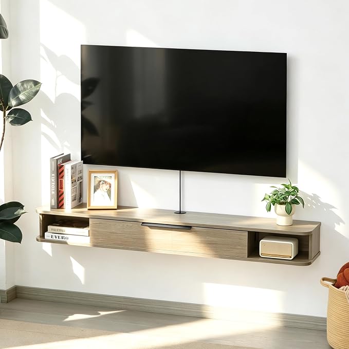 Floating TV Stand, 55" Wall Mounted TV Cabinet, Wood Media Console for TVs up to 65", Entertainment Center with Storage for Living Room, Under TVs Shelf for DVD Player, Wood Grain Grey by MordchilHF