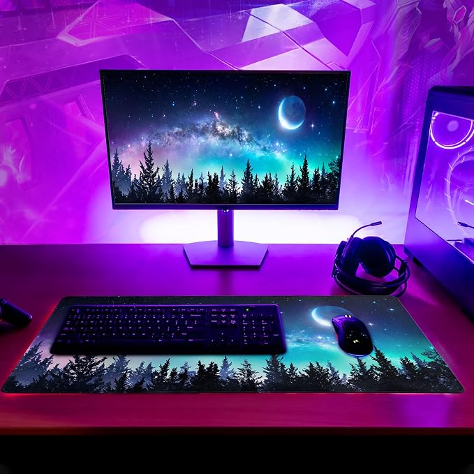 Extended Gaming Mouse Pad, XL Large Keyboard Mouse Mat Desk Pad, Stitched Edges Mousepad, 3mm Thick Long Non-Slip Rubber Base Mice Pad, 31.5 X 11.8 Inch, Forest Moon Galaxy - Image 6