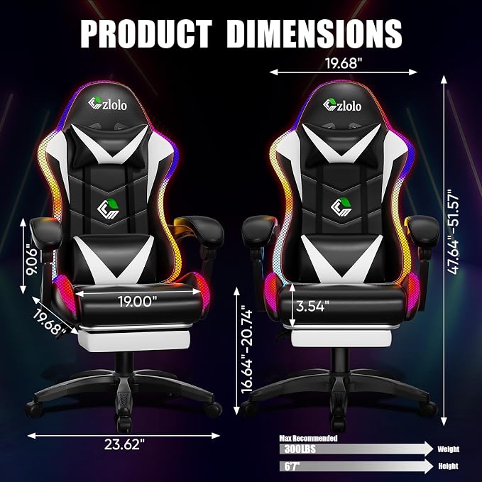 Czlolo Gaming Chair, Racing Style RGB LED Lights Gaming Chairs for Adults and Kids, Lumbar Massager Gamer Chair, High Back Reclining Computer Chair with Footrest and Headrest (Black/White) - Image 3