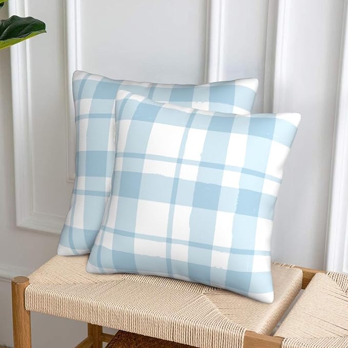 Blue Checkered Throw Pillow Covers Set of 2, 18x18 Inch Soft Short Plush Pillow Cases, Decorative Pillow Covers for Living Room Bedroom Game Room (Blue Checkered Pattern) - Image 2
