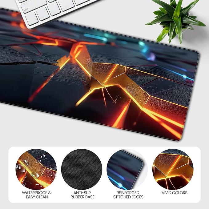 Large Gaming Mouse Pad, Abstract Geometric Orange and Blue Pattern, Extended 35.4 x 15.7 Inches, Non-Slip Rubber Base, Stitched Edges, XXL Desk Mat - Image 5