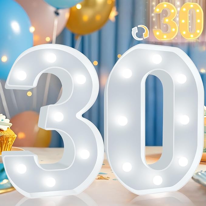 Pooqla 30th Birthday Decoration for Her Him, Decorative LED Light Up Numbers, Marquee Numbers 30 Sign for Party Backdrop 30th Wedding Anniversary Decor, Warm White and Cool White Number 30 by Pooqla