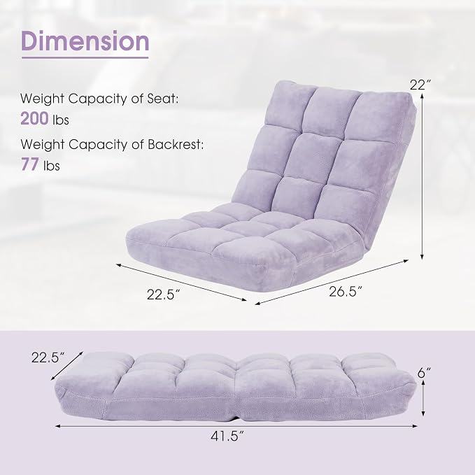 Floor Chair with Back Support, 14-Position Lazy Sofa Chair with Soft Coral Fleece, Folding Floor Gaming Chair, Couch Recliner, Floor Seat for Reading, Meditating, Yoga, Gaming (Light Purple) - Image 3
