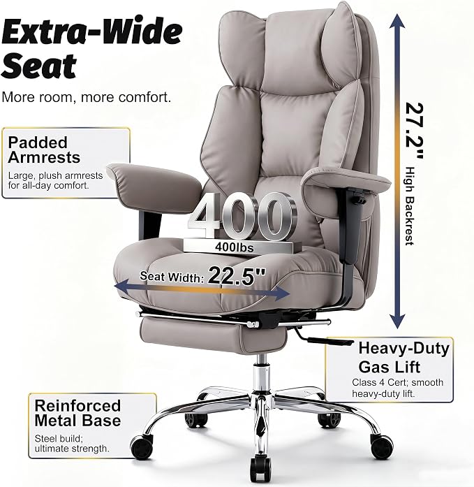 Efomao Executive Office Chair 400lbs,Grey Big and Tall Desk Chair | Mattress-grade pocket spring cushion, sleek leather, 135° recline & footrest for computer gaming setup. - Image 3