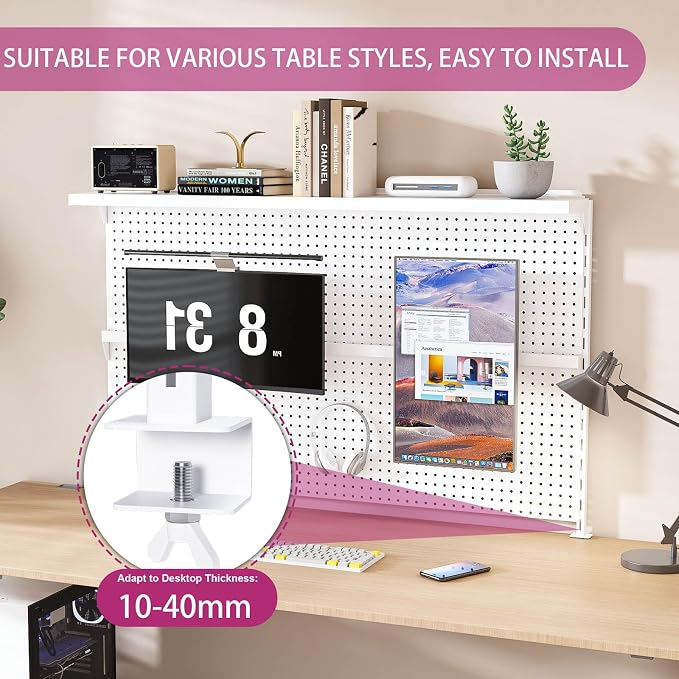 Majnesvon Clamp On Pegboard-Metal Office Pegboard Organizer with Monitor Stand, Peg Board Gaming for Desk with Hooks & Movable Partition, Office Storage Shelf for Workstation Setup (White 59x35 Inch) - Image 6