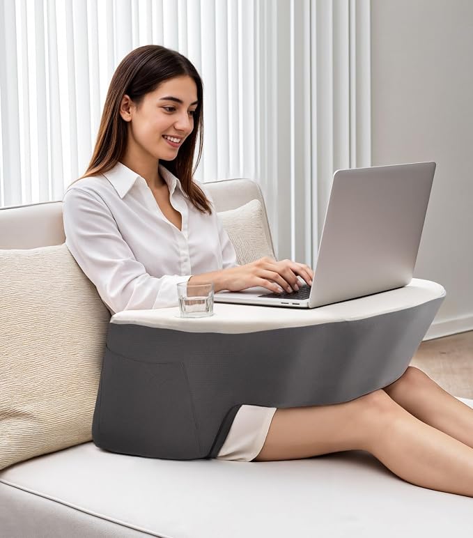 Ergonomic Lap Desk Pillow with Cooling Memory Foam – Gaming Cushion for Bed, Laptop Support, and Reading Pillow with Armrest for Comfort at Home, Office, or Travel (Grey) by Unknown