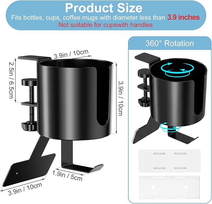 3 in 1 Desk Cup Holder Clamp, Clip On Table Cup Holder with Headphone Hook - Image 2