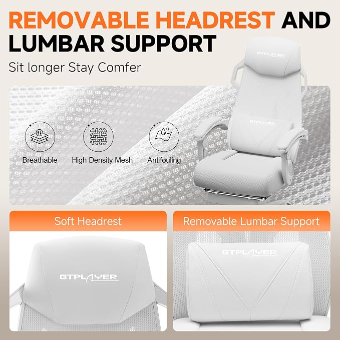 GTPLAYER Computer Chair with Adjustable Footrest, Ergonomic Gaming Chair with Headrest and Lumbar Support, Breathable Mesh Office Chair for Adults, High Back Reclining Desk Chair for Gaming and Office - Image 7