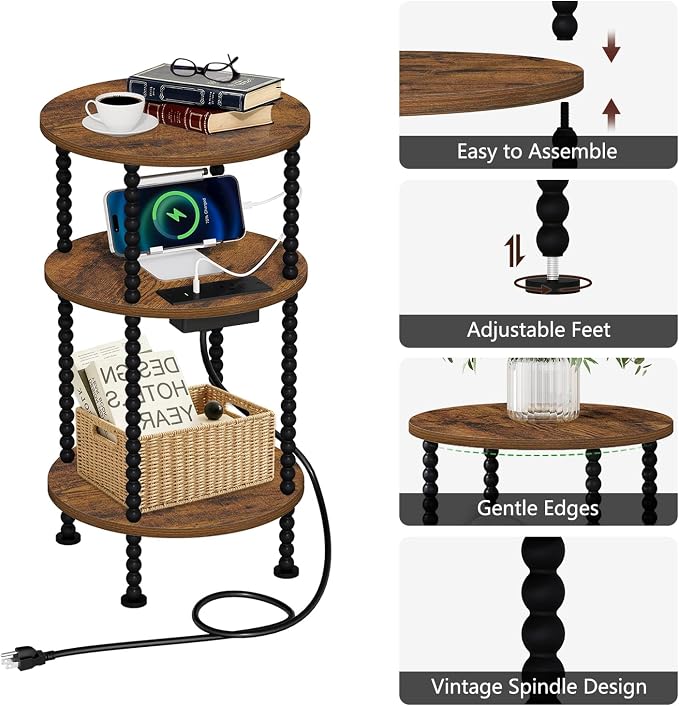 YINMIT 3-Tier Small Bedside Table,Round Side Table with AC Charging Station - Image 6