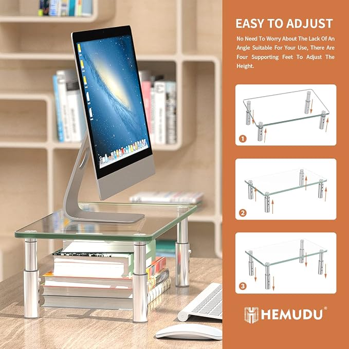 Hemudu Monitor Stand -3 Adjustable Height Monitor Riser, Computer Monitor Stand, Desktop Organizer, Monitor Stand Riser for PC, Computer, Laptop Clear - Image 8