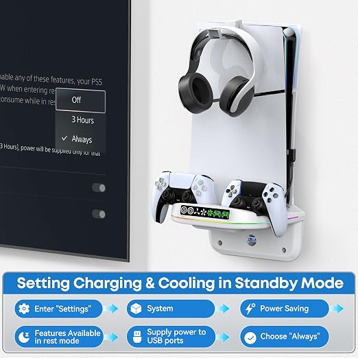 P5 Wall Mount Kit Cooling Station with Dual Controller Charger, Floating Shelf Behind TV for P5/Slim/Pro, Wall Bracket Compatible with P5 Disc & Digital, 9 RGB Lights P5 Fan Accessories, White - Image 8