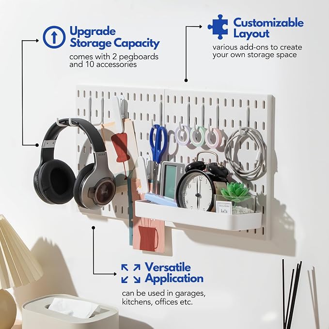 Keepo Pegboard Combination Kit with Modular Accessories, Wall Organizer for Gaming Setup, Crafts, and Ornament Display, Peg Board for Bedroom, Office, Home (White, 22″×11″) - Image 2