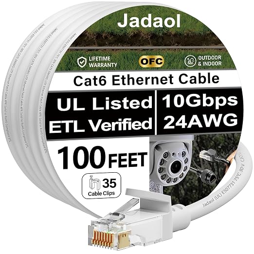 Jadaol [UL Listed Cat6 Ethernet Cable 100ft with Clips 10Gbps PoE++, White by Jadaol