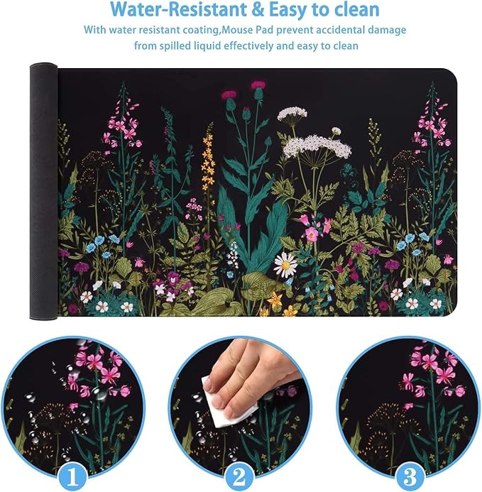 iCasso Desk Mat, Large Desk Mouse Pad for Desk,Home Office - Green Weeds | Desk Protector,Cottagecore Mouse Pad for Women with Smooth Lycra, Water-resistant, Non-slip Rubber Base and Stitched Edges - Image 6