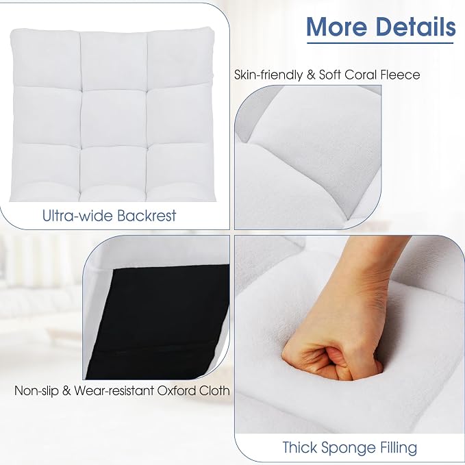 Floor Chair with Back Support, 14-Position Lazy Sofa Chair with Soft Coral Fleece, Folding Floor Gaming Chair, Couch Recliner, Floor Seat for Reading, Meditating, Yoga, Gaming (White) - Image 7