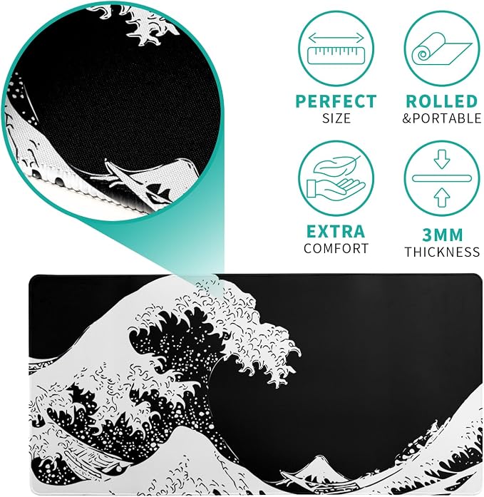 Japanese Sea Wave Large Mouse Pad, Abstract Black Gaming Mousepad, Extended Kanagawa Mat Desk Pad, 3mm Thick Long Non-Slip Rubber Base Mice Pad for Office and Home, 27.6x11.8 Inch - Image 5