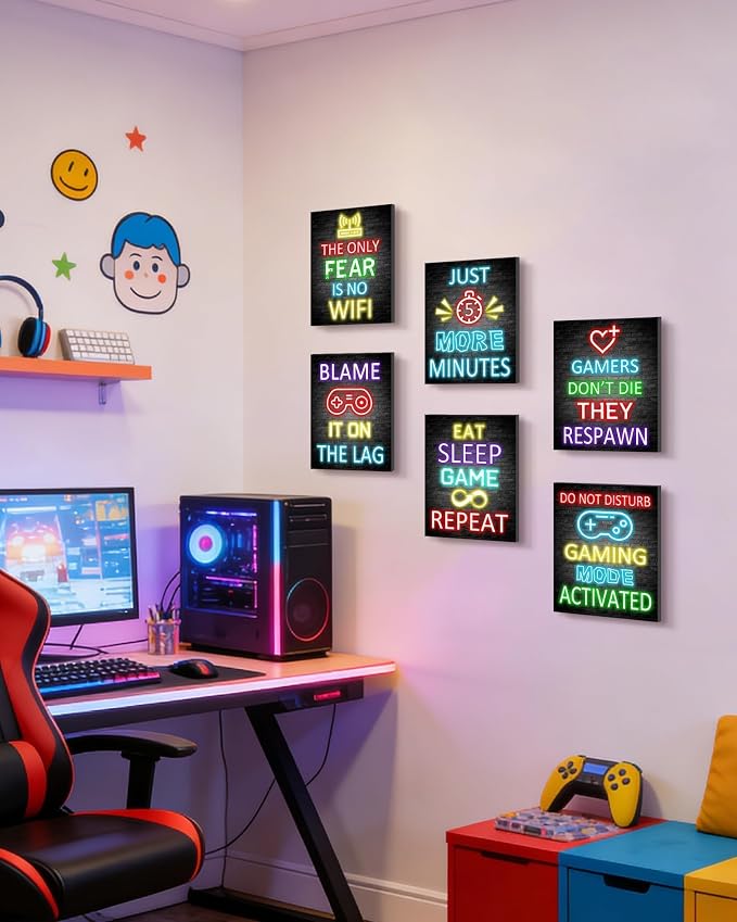 Video Gamer Room Decor for Teen Boys Gaming Wall Art Gamer Neon Sign Teenage Bedroom Decor Ready to Hang Set of 6, 8x10in (Black Framed) - Image 3