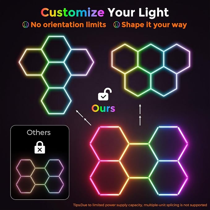 RGB Hexagon Garage Lights 5 Hex, Duplex Signal RGB Led Hexagon Lights with Music Sync Mode, Easy Setup RGB Ceiling Lights for Garage, Gym, Gaming Room, Studio, Party, Bar - Image 3