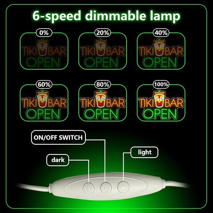 Tiki Bar Neon Sign, Tiki Bar Led Neon Light Signs for Wall Decor Open Hawaii Tropical Luau Aloha Party Outdoor Decorations for Pub Bistro Home Patios Man Cave Dimmable USB Powered Green(16.9"*11.4") - Image 4