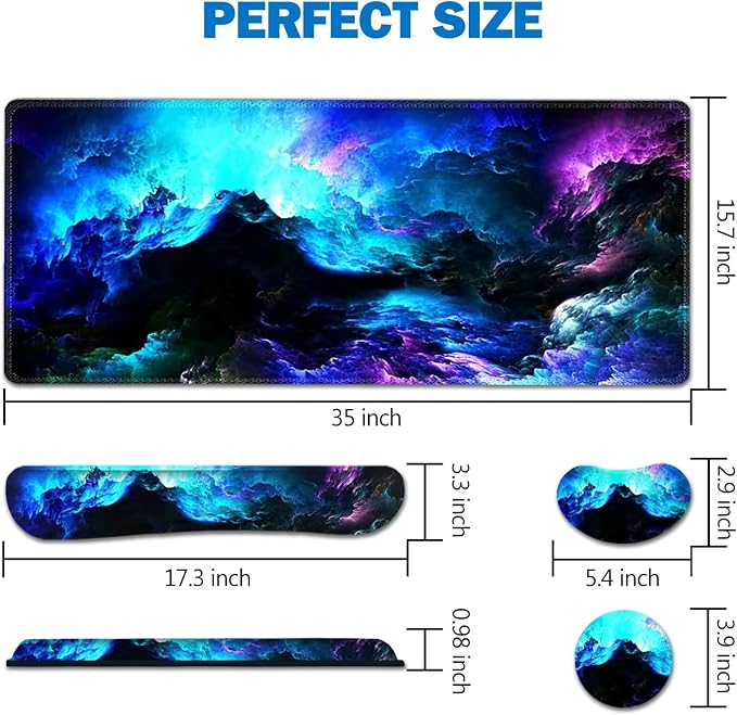 AIMSA Keyboard Mouse Pad Wrist Rest Set, Extended Desk Mat+ Ergonomic Mouse Pad with Wrist Rest+ Keyboard Wrist Support+ Coaster, 35x15.7in Large Mousepad for Home Office, Nebula Galaxy - Image 7