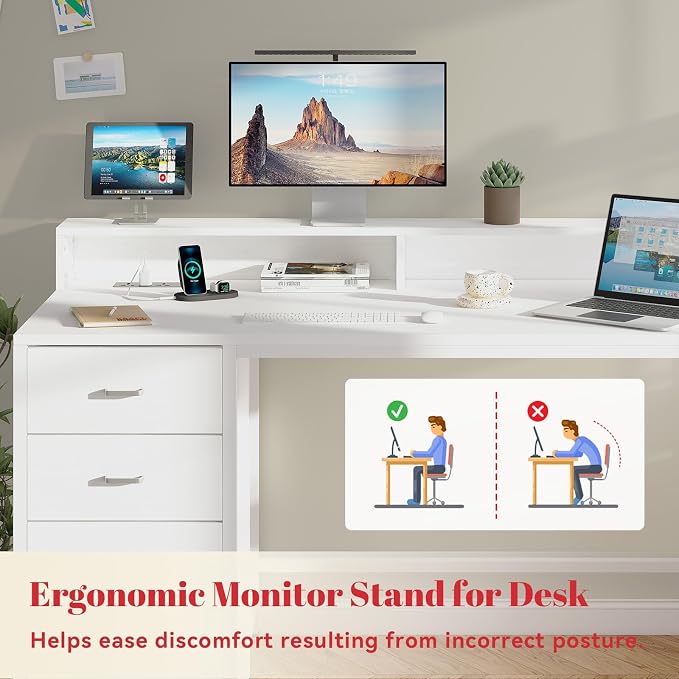Computer Desk with Drawers, Home Office Desk with Storage Shelves, Charging Station, Corner Gaming Desk with Pegboard for Workspace, White - Image 6
