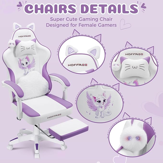 Gaming Chair for Girls Cute Massage Computer Chair with Cat Ears-Purple | Cute Computer Office Chair Ergonomic Reclining Gamer Chair with Footrest Lumbar Support PC Game Chairs for Women Adults - Image 4