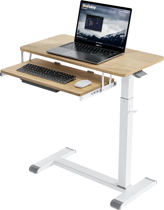 ETHU Height Adjustable Mobile Overbed Table with Keyboard Tray, Oak by ETHU
