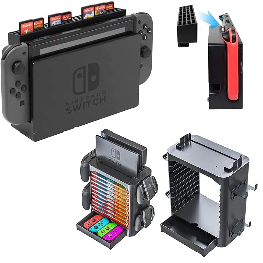 Skywin Game Storage Tower + Game Card Stand for Nintendo Switch - Game Holder Disk Rack and Controller Organizer and a Card Case that Hold Up to 28 Games by Skywin