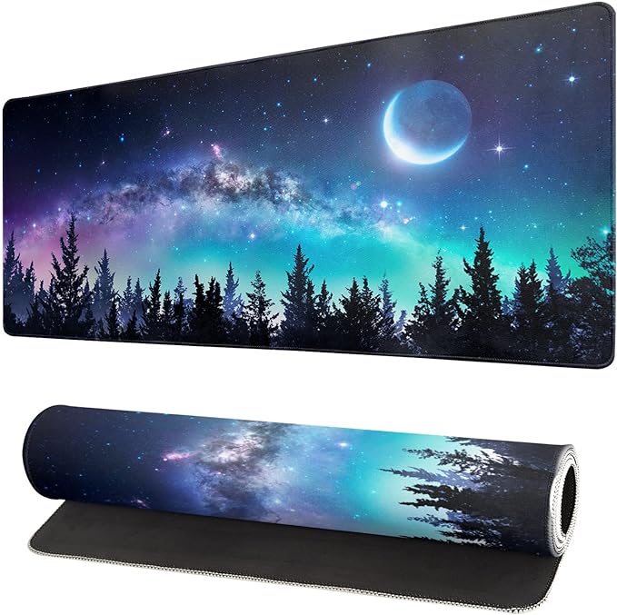Extended Gaming Mouse Pad, XL Large Keyboard Mouse Mat Desk Pad, Stitched Edges Mousepad, 3mm Thick Long Non-Slip Rubber Base Mice Pad, 31.5 X 11.8 Inch, Forest Moon Galaxy by Unknown
