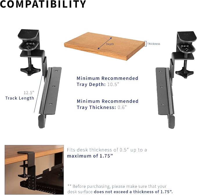 VIVO Height Adjustable Clamp and 12 inch Rail Set for DIY Custom Wooden Keyboard Trays (Tray Not Included), Under Desk Pull Out Slider Track with C-clamp Mount System, Black, MOUNT-RAIL02H - Image 3